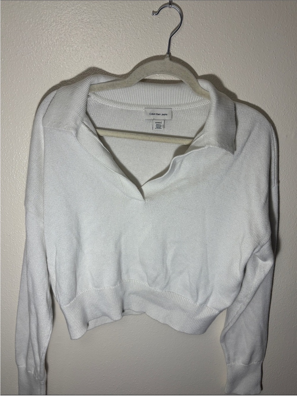 Calvin Klein Jeans White Cropped Knit Polo Sweater